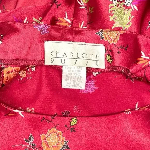 Vintage 90s Charlotte Russe Red Satin Floral Top Mandarin Collar - Picture 6 of 7